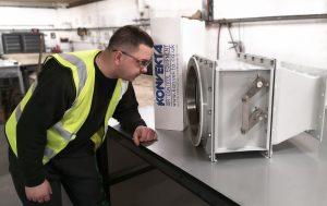 Lukasz Dziadzio looks over our Heavy Duty, Stainless Steel dampers destined for the Markaz Oil Storage Facility in Oman