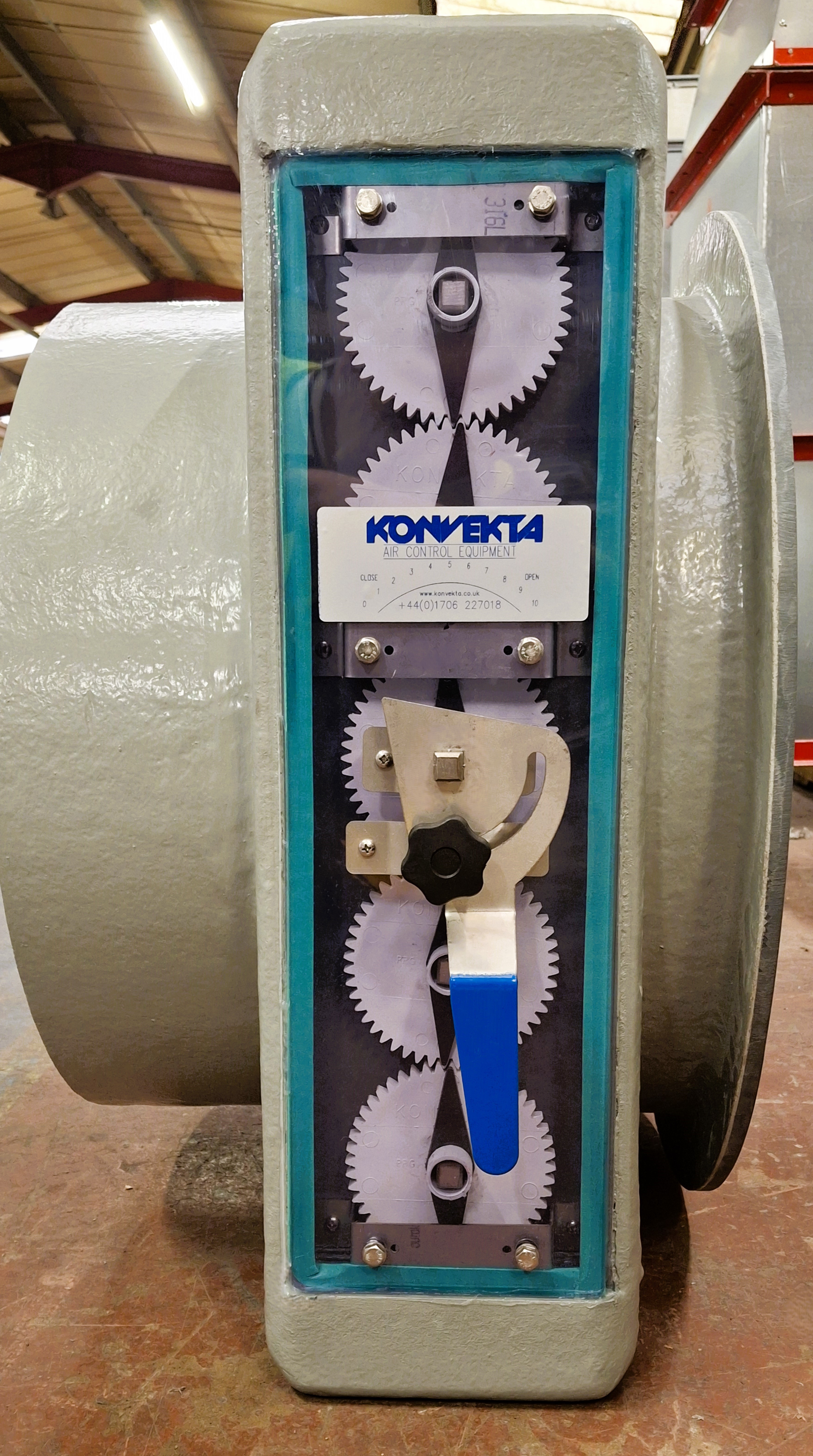 Konvekta K500-X-M External Gear PVC Volume Control Dampers fitted with Heavy Duty manual quadrant handles and GRP coating 
